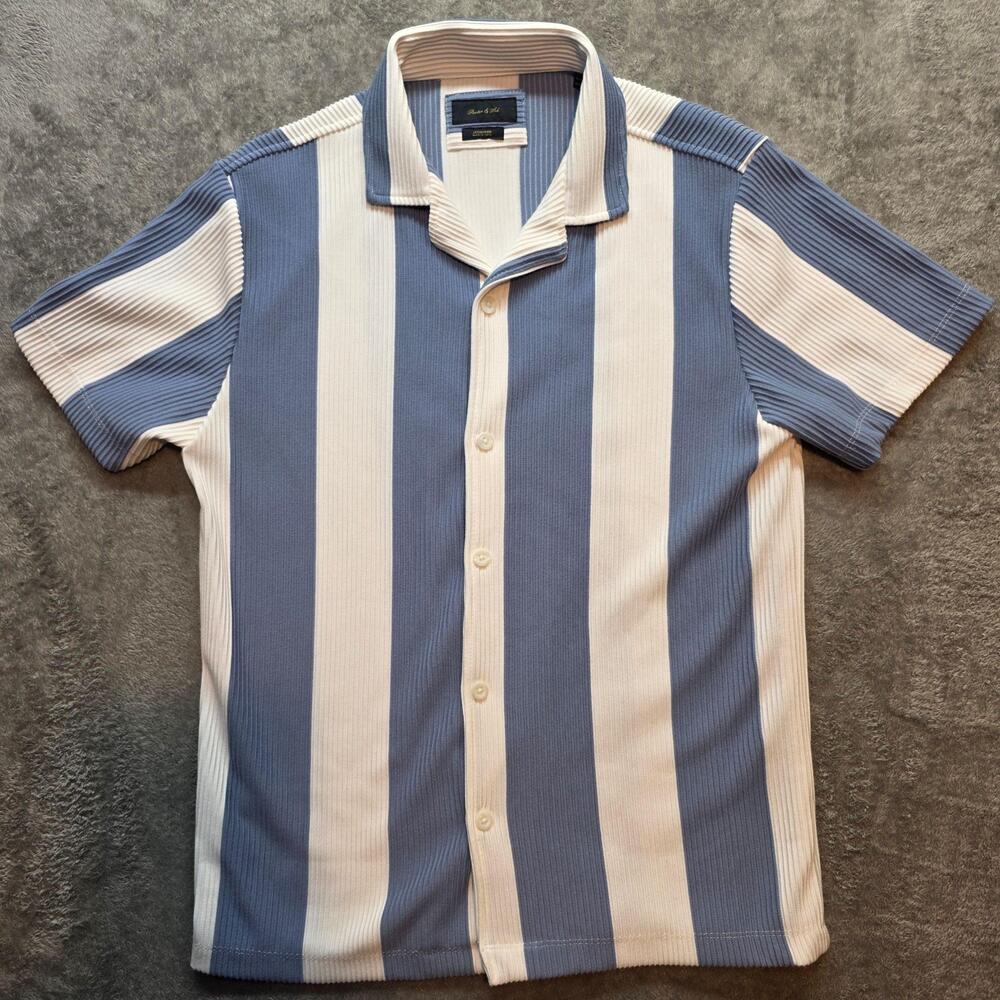 Porter & Ash Button Up Shirt Mens M Blue White Striped Jacquard Short Sleeve